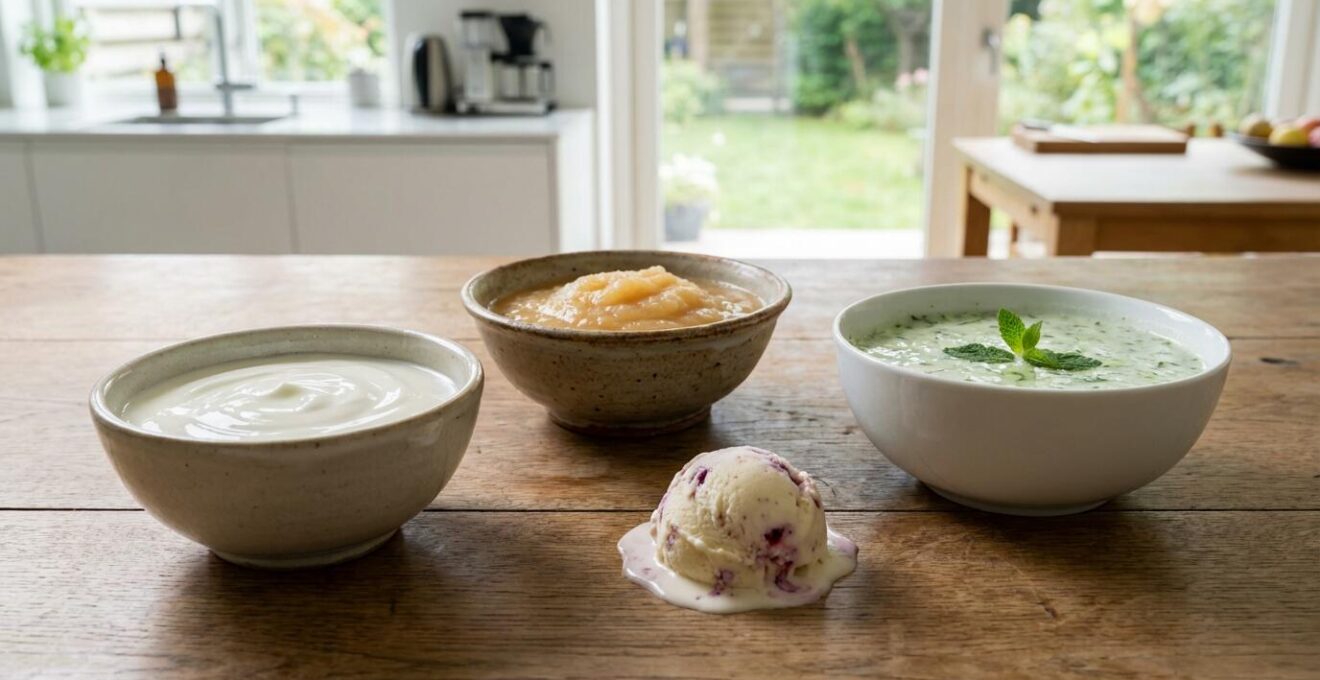 Yaourt, compote et soupe froide disposés sur une table de cuisine