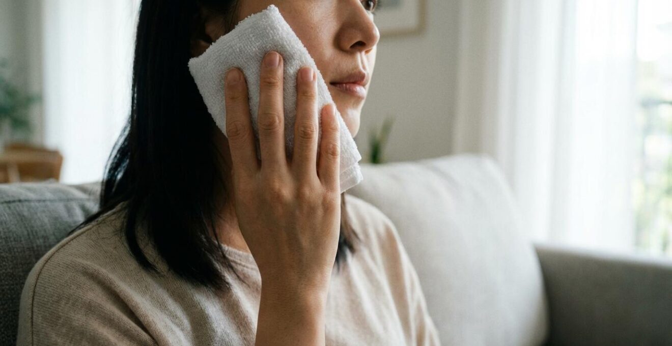 Personne appliquant une poche de glace sur sa joue dans un salon