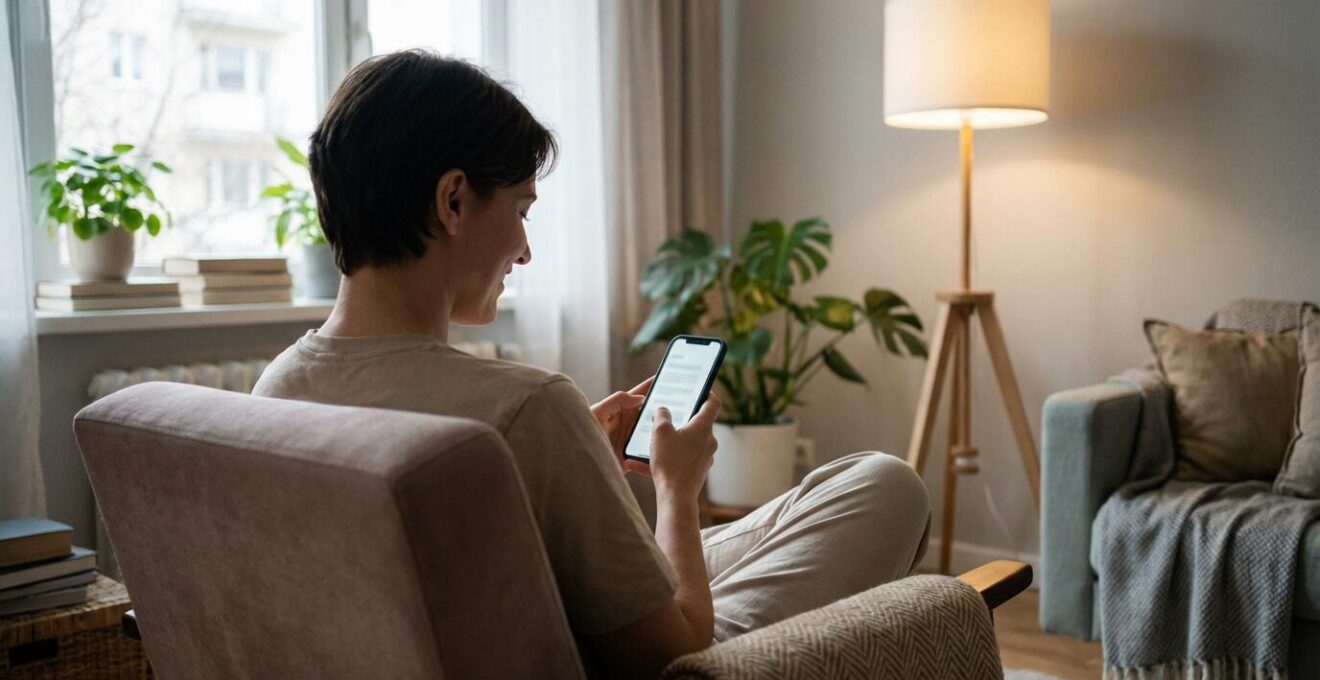 Personne assise consultant son smartphone avec expression rassurée