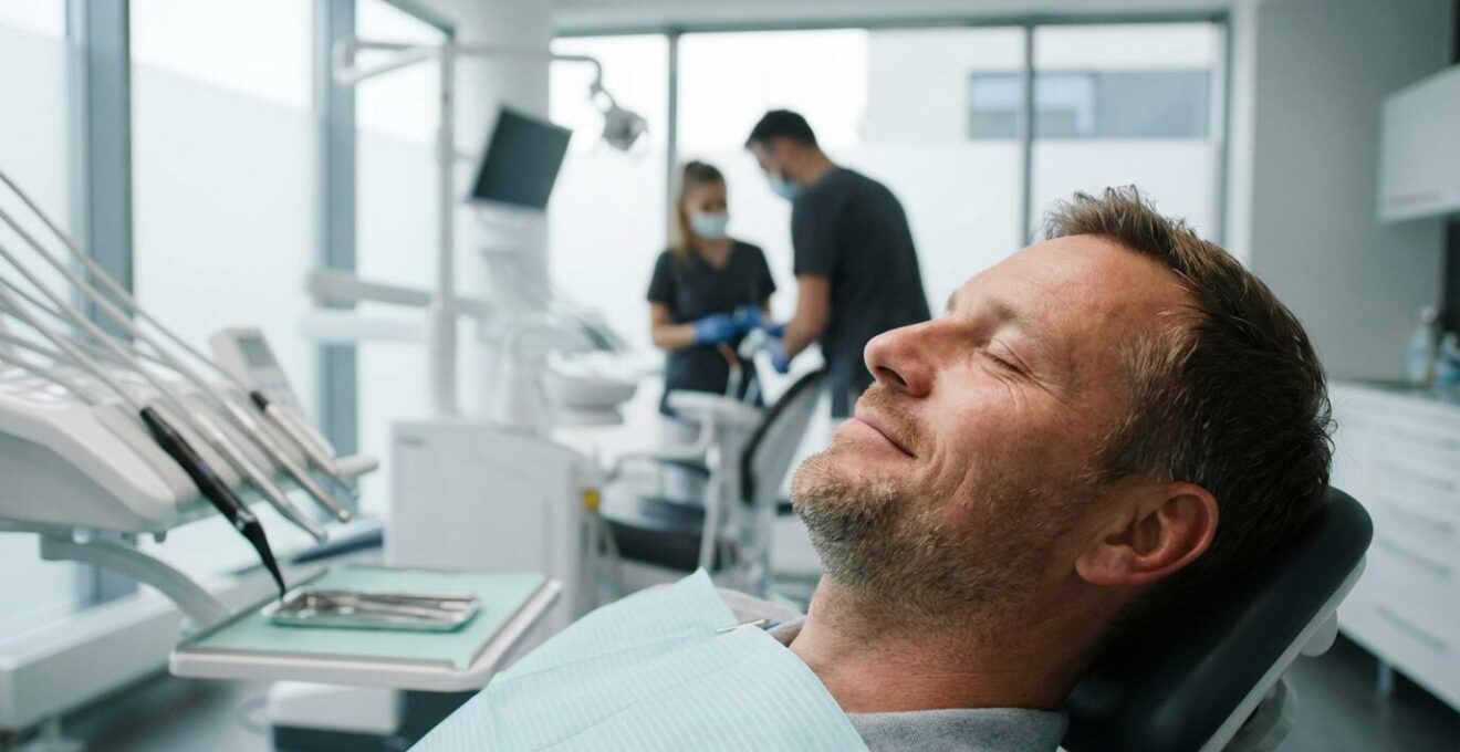 Patient détendu assis dans un fauteuil dentaire moderne après un soin