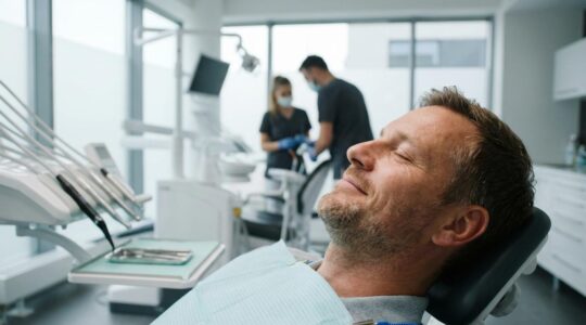 Patient détendu assis dans un fauteuil dentaire moderne après un soin